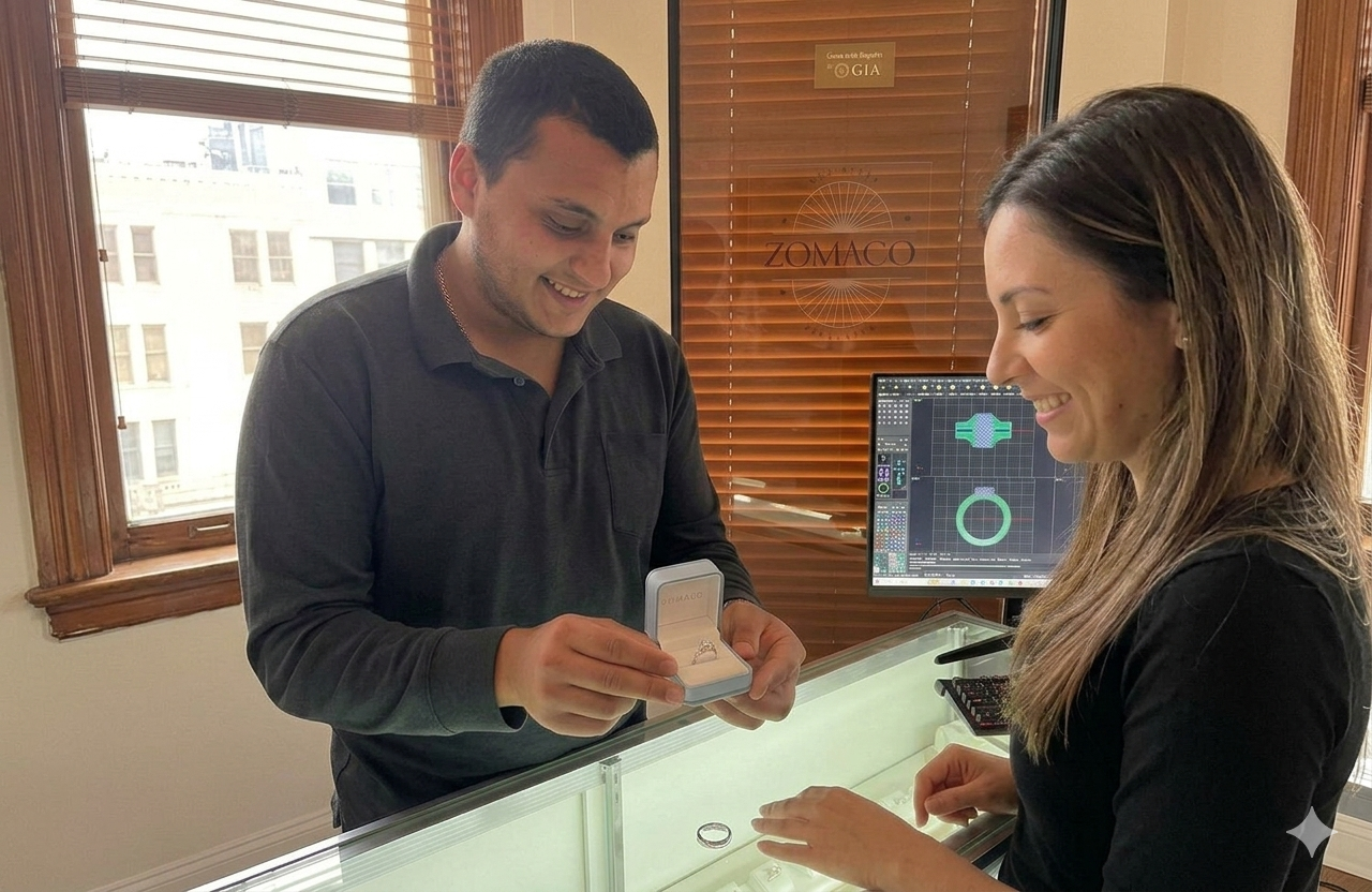 Artesano trabajando una pieza de joyería en su banco de trabajo